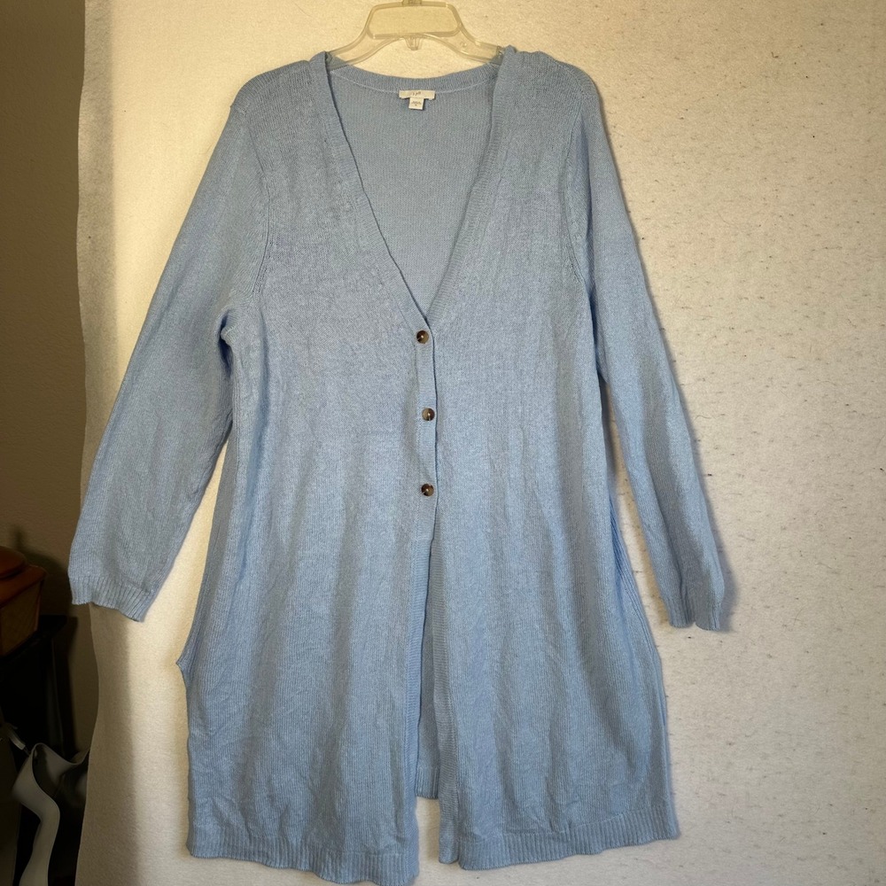J. Jill Light Blue Linen Blend Longline Cardigan XL Button Front Side Slit Knit